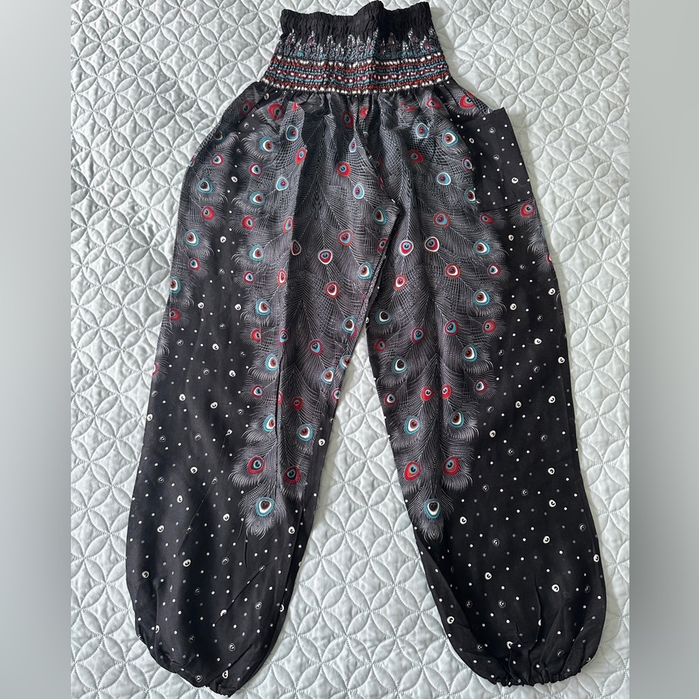 Black Peacock Feathered Harem Pants